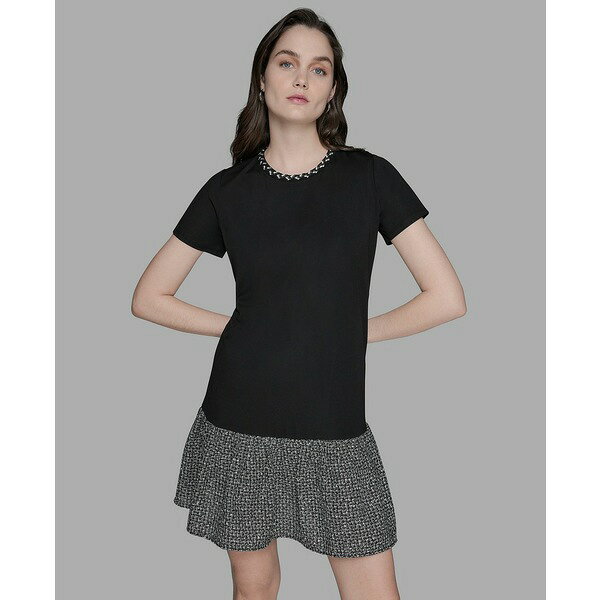 カールラガーフェルド レディース ワンピース トップス Women's Ruffle Trim Knit Short Sleeve Dress Black
