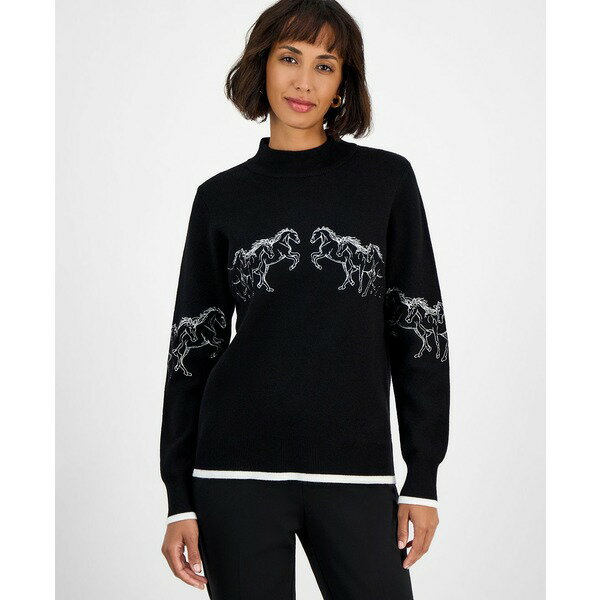 ティー・タハリ レディース ニット&セーター アウター Women's Mock-Neck Embroidered-Horse Sweater B..