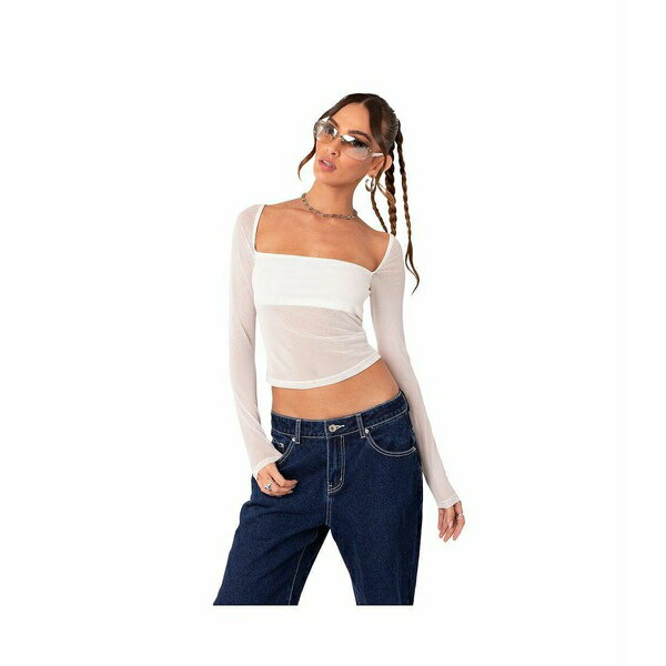 エディクテッド レディース カットソー トップス Women's Long Sleeve Square Neck Mesh Top White