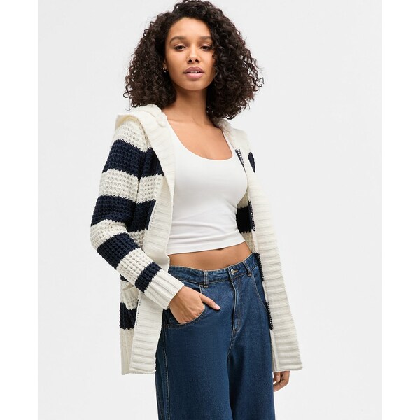 マッデンガール レディース ニット&セーター アウター Juniors' Sherpa-Lined Striped Open Cardigan E..