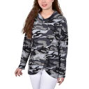 ニューヨークコレクション メンズ カットソー トップス Petite Long Sleeve Knit Cowl Neck Top with Crossover Styling Gray Camo