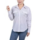 ニューヨークコレクション メンズ カットソー トップス Petite Long Sleeve Hidden Placket Blouse with Studs White