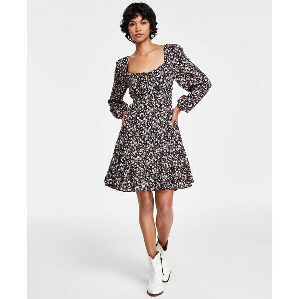ラッキーブランド レディース ワンピース トップス Women's Flirty Flouncey Floral-Print Mini Dress Black Floral