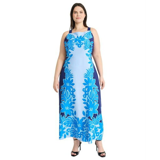マギーロンドン レディース ワンピース トップス Plus Size Placement-Print Square-Neck Dress Navy/Blue マギーロンドン レディース ワンピース トップス Plus Size Placement-Print Square-Neck Dress Navy/Blue