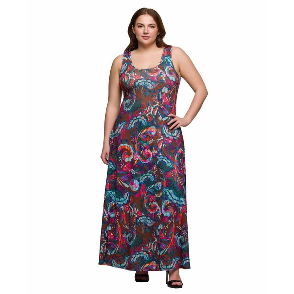 24セブンコンフォート レディース ワンピース トップス Plus Size Print Scoop Neck A-Line Sleeveless Maxi Dress Brown Multi(4)