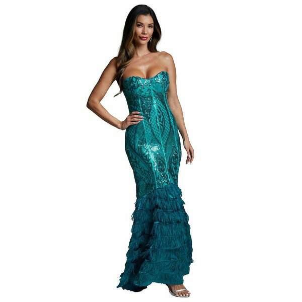 ベベ レディース ワンピース トップス Women's Sequin Feather Gown Teal