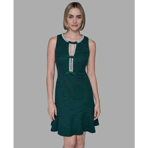 カールラガーフェルド レディース ワンピース トップス Women's Embellished Knit Tweed A-line Dress Pine