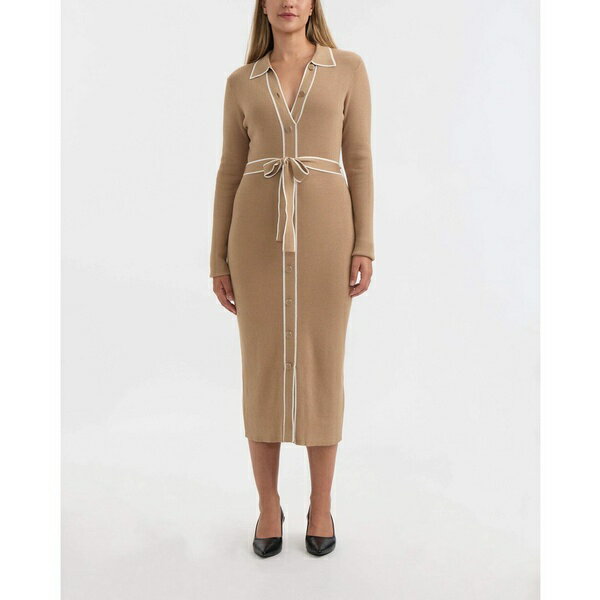 エレントレイシー レディース ワンピース トップス Womens Button Front Long Dress with Contrast Tipping Camel