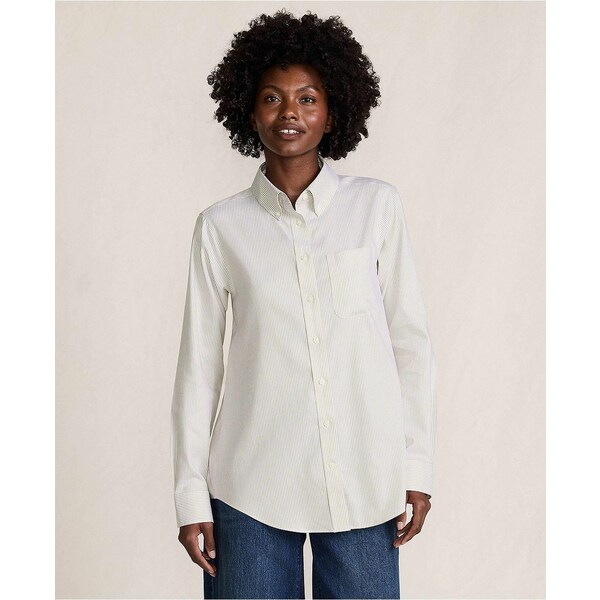 ランズエンド レディース カットソー トップス Women's No Iron Pinpoint Relaxed Fit Shirt Khaki nar..