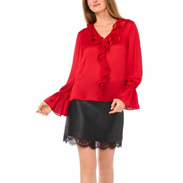 ヴィンスカムート レディース カットソー トップス Women's Ruffled V-Neck Bell-Sleeve Top Cherry Red