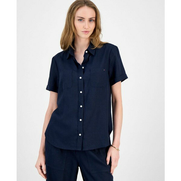 トミー ヒルフィガー レディース カットソー トップス Women's Cuffed Short-Sleeve Camp Shirt Sky Captain