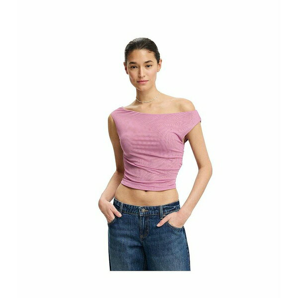 コットンオン レディース カットソー トップス Women's Gathered Mesh Off Shoulder Top Cosmic plum
