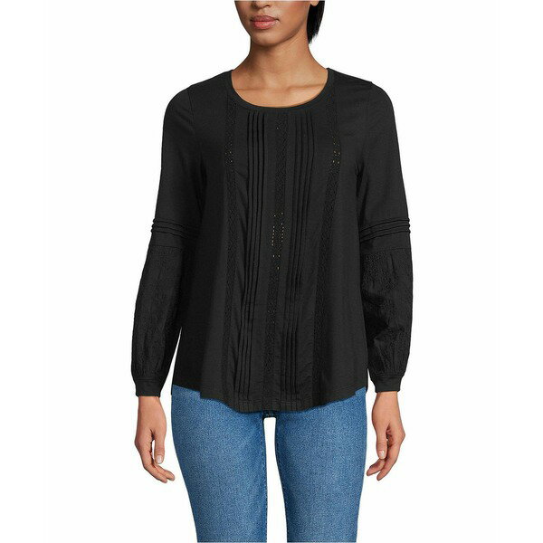 ランズエンド レディース カットソー トップス Women's Lightweight Jersey Lace Mix Long Sleeve Pint..