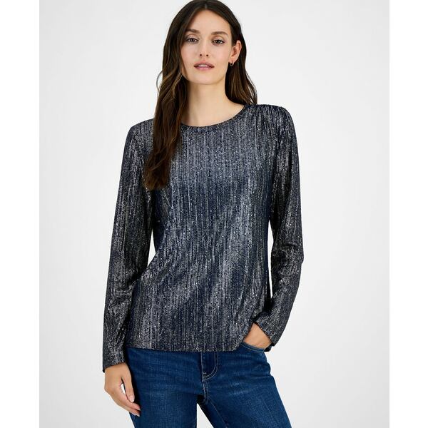 トミー ヒルフィガー レディース カットソー トップス Women's Shine Ribbed Knit Long-Sleeve Top Sky Captain/ Gold(4)