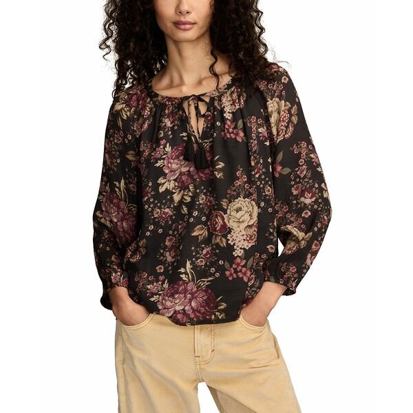 ラッキーブランド レディース カットソー トップス Women's Embroidered Peasant Long Sleeve Top Black Multi