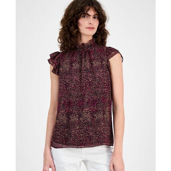 エーケー アン クライン レディース カットソー トップス Women's Printed Flutter-Sleeve Top Anne Black/Chianti Multi(4)