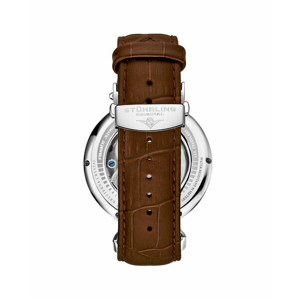 スターリング メンズ 腕時計 アクセサリー Men's Automatic Dual Time Alloy Case Skeleton Dial Alligator Embossed Genuine Leather Strap Watch Brown