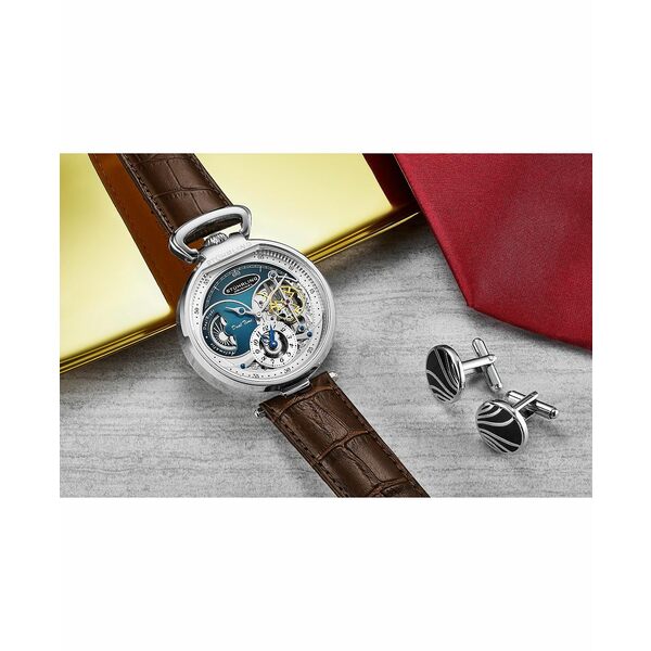 スターリング メンズ 腕時計 アクセサリー Men's Automatic Dual Time Alloy Case Skeleton Dial Alligator Embossed Genuine Leather Strap Watch Brown