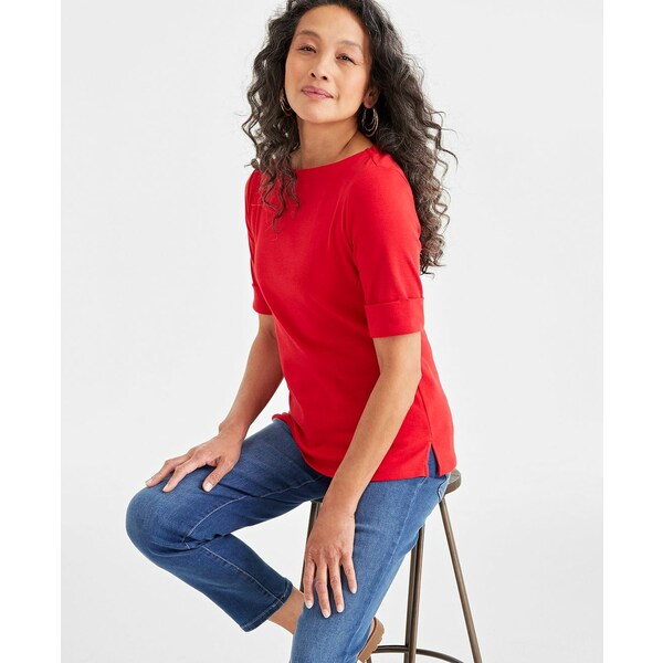 スタイルアンドコー レディース カットソー トップス Women's Boat-Neck Elbow Sleeve Cotton Top, Exc..