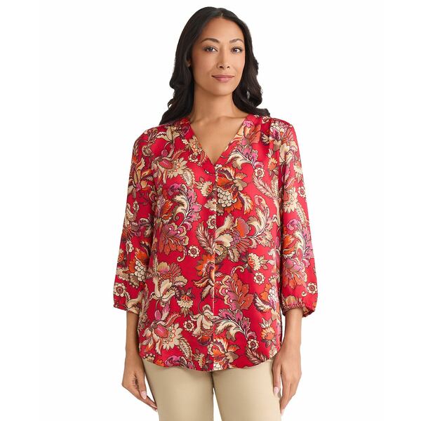 ジョーンズニューヨーク レディース カットソー トップス Petite Printed Satin Twill V-Neck Top Deep Rogue Multi