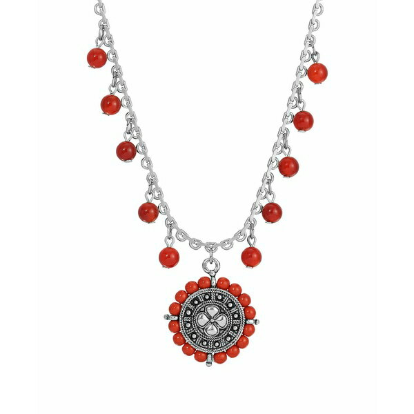 2028 fB[X lbNXE`[J[Ey_ggbv ANZT[ Silver-Tone Round Floral Disc Red Bead Necklace Red