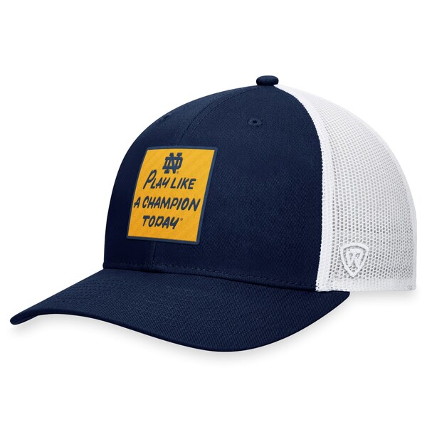 gbvEIuEUE[h Y Xq ANZT[ Notre Dame Fighting Irish Top of the World Play Like A Champion Today Patch Trucker Adjustable Hat Navy/White