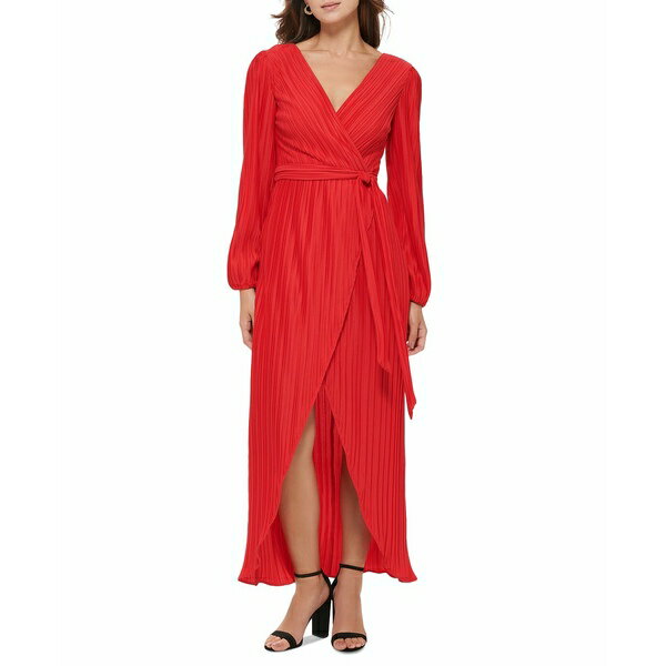 ゲス レディース ワンピース トップス Women 039 s Pleated Woven Faux-Wrap V-Neck Maxi Dress Red