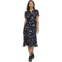 ダナ キャラン ニューヨーク レディース ワンピース トップス Women's Floral Chiffon Polo-Collar Midi Dress Navy Multi