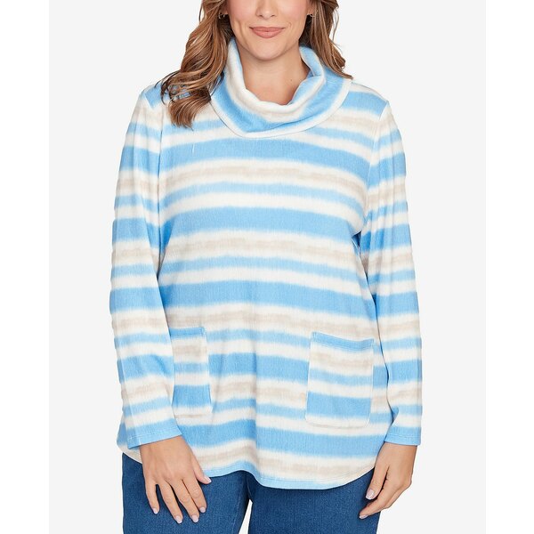 ルビーロード レディース カットソー トップス Plus Size Ribbed Stripe Patch Pocket Knit Top Bluebe..