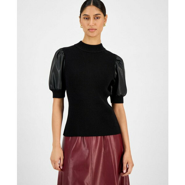 ティー・タハリ レディース カットソー トップス Women's Ribbed Faux-Leather-Sleeve Top Black