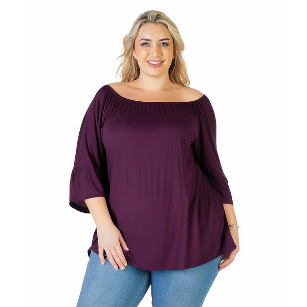 24セブンコンフォート レディース カットソー トップス Plus Size Bell Sleeve Loose Fit Tunic Top Plum