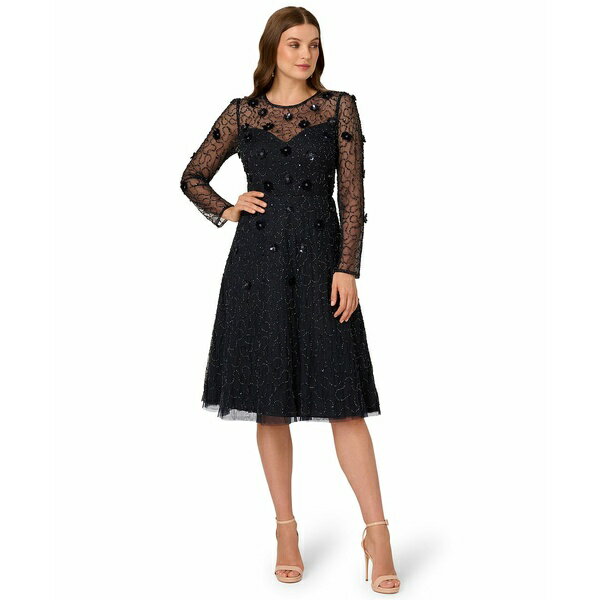 アドリアナ パペル レディース ワンピース トップス Women's Beaded Velvet Midi Dress Midnight