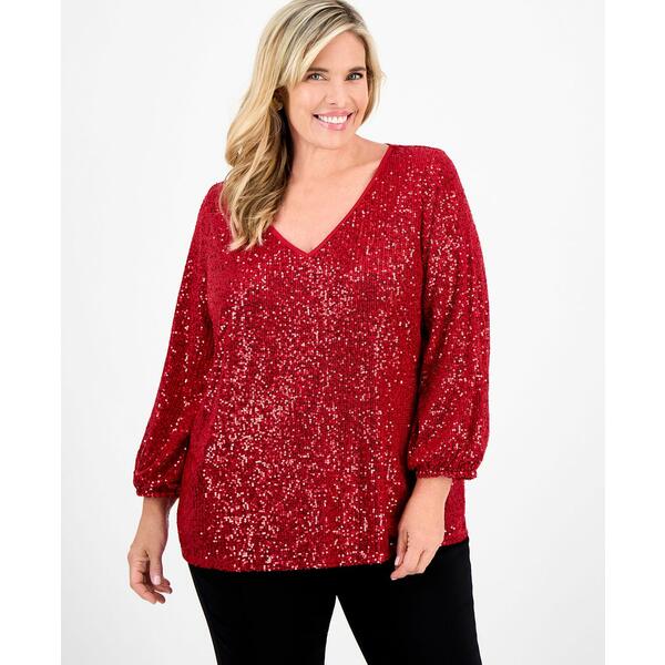 ジェイエムコレクション レディース カットソー トップス Plus Size Sequinned V-Neck 3/4-Sleeve Top,..
