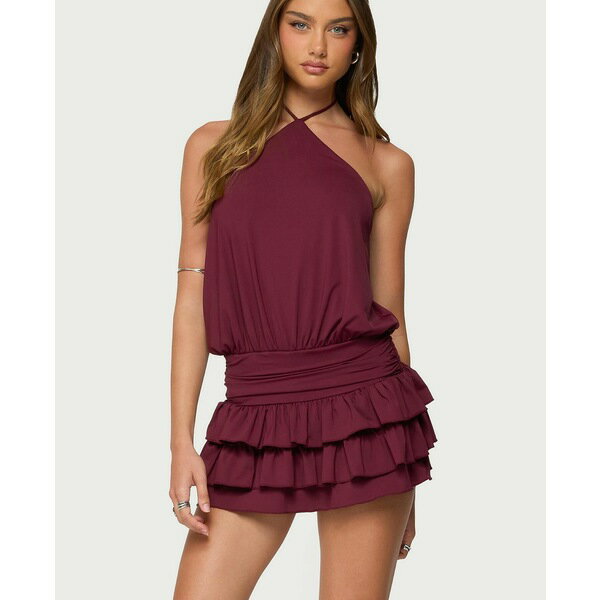 エディクテッド レディース ワンピース トップス Women's Fontella Ruffled Halter Neck Romper Burgundy