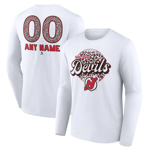 ファナティクス メンズ Tシャツ トップス New Jersey Devils Fanatics Branded Unisex Personalized Name & Number Leopard Print Long Sleeve TShirt White