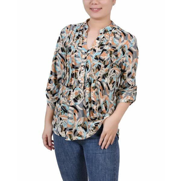 ニューヨークコレクション レディース カットソー トップス Petite 3/4 Roll Tab Sleeve Printed Pintuck Top Multi Abstract