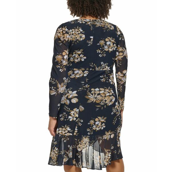 ȥߡ ҥե ǥ ԡ ȥåץ Plus Size Floral-Print Mesh Faux-Wrap Dress Sky Captain