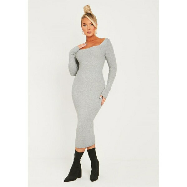ミッシー エンパイア レディース ワンピース トップス Knit Square Neck Long Sleeve Midi Dress Grey