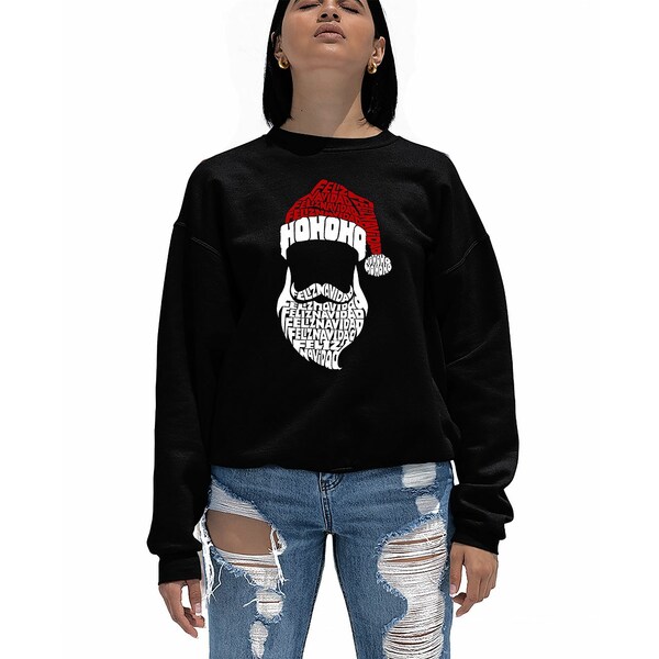 エルエーポップアート レディース パーカー・スウェットシャツ アウター Women's Feliz Navidad Santa Claus Word Art Crewneck Sweatshirt Black