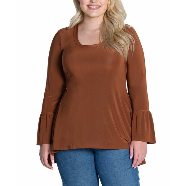 24セブンコンフォート レディース カットソー トップス Plus Size Long Bell Sleeve High Low Tunic Top Tobacco(4)