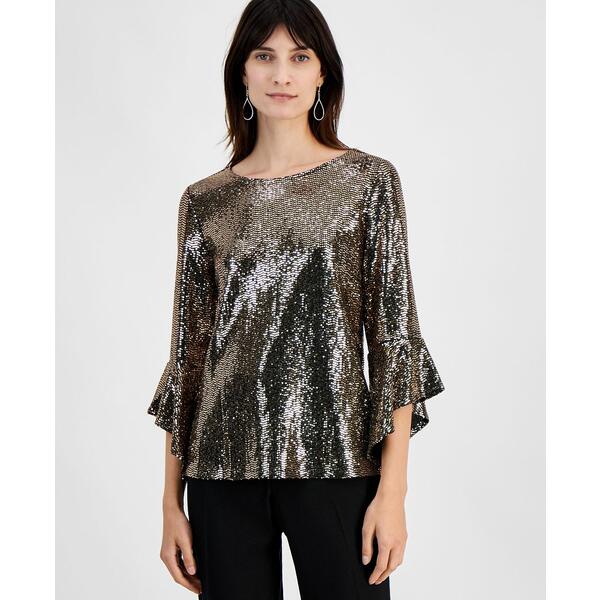 カスパー レディース シャツ トップス Women's Shimmer-Dot 3/4-Sleeve Blouse, Regular and Petite Sizes Black/Gold