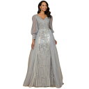 ララ レディース ワンピース トップス Women's Long Sleeve Lace Gown with Removable Over Skirt Silver