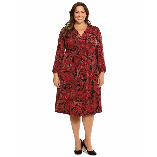 ロンドンタイムス レディース ワンピース トップス Plus Size Paisley V-Neck Long-Sleeve Midi Dress Black/Pink