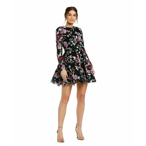 マックダガル レディース ワンピース トップス Women's High Neck Long Sleeve Sequin A Line Mini Dress Black multi