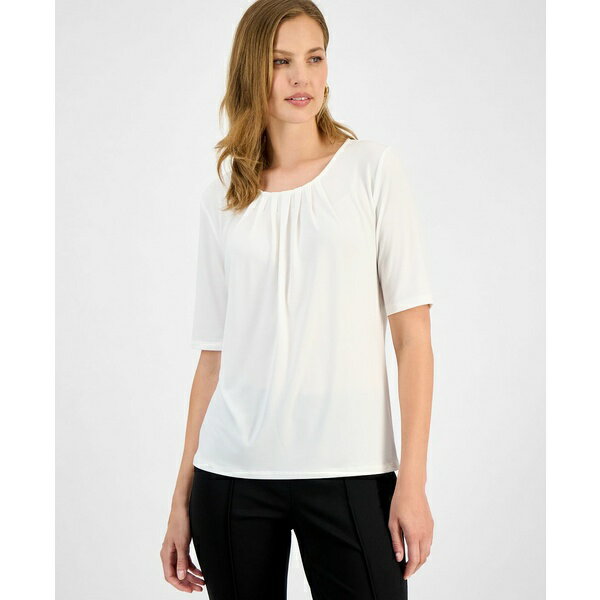 カスパー レディース カットソー トップス Women's Pleat Neck Knit Top, Regular & Petite Vanilla Ice