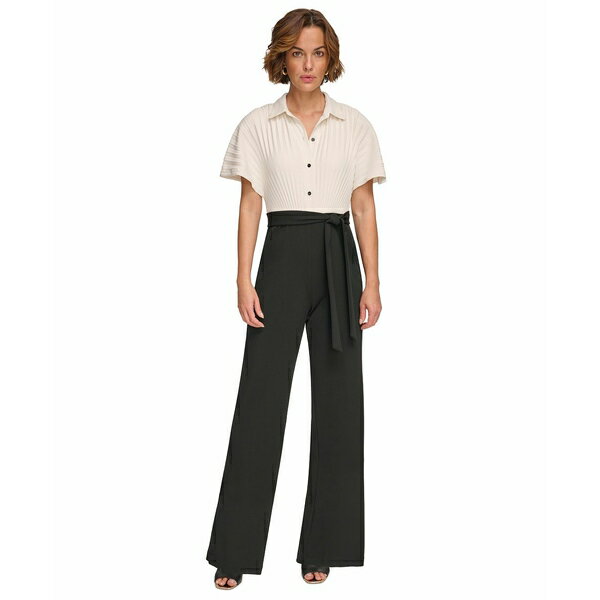 ダナ キャラン ニューヨーク レディース ワンピース トップス Women's Sunburst Pleated Wide-Leg Jumpsuit Eggshell/Black