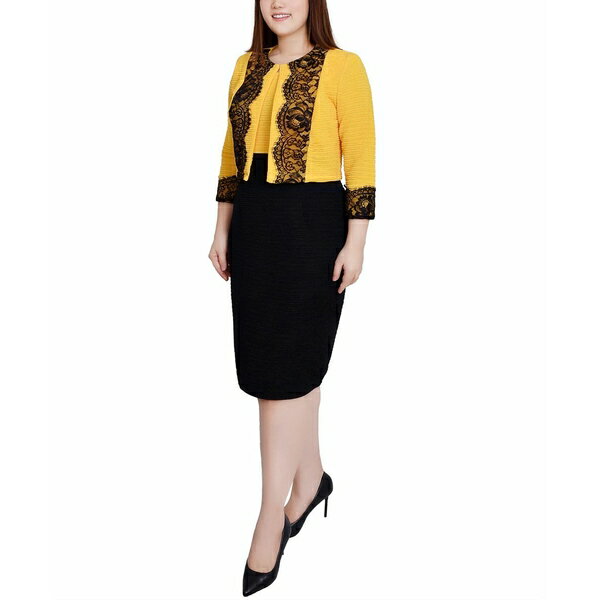 ニューヨークコレクション レディース ワンピース トップス Petite Lace-Detail 2 Piece Textured Knit Dress Set Lemon Black