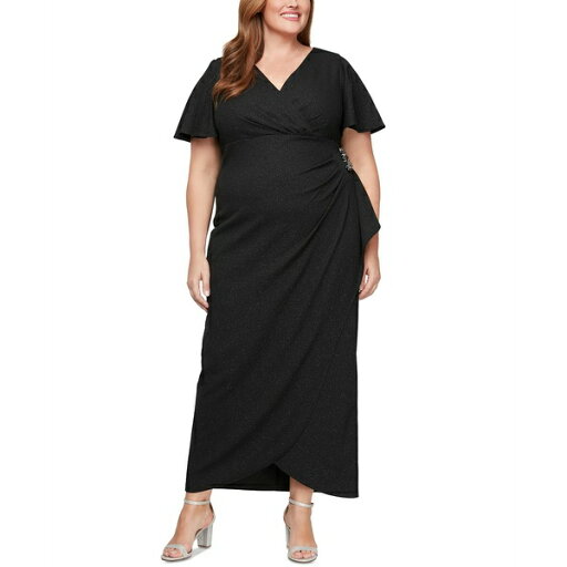 エス エル ファッションズ レディース ワンピース トップス Plus Size Glitter Flutter-Sleeve Side-Ruched Dress Black エス エル ファッションズ レディース ワンピース トップス Plus Size Glitter Flutter-Sleeve Side-Ruched Dress Black