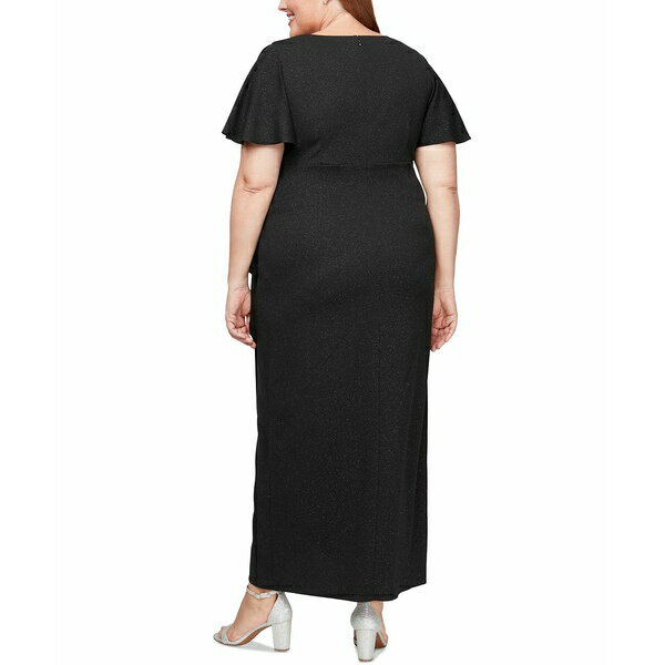 エス エル ファッションズ レディース ワンピース トップス Plus Size Glitter Flutter-Sleeve Side-Ruched Dress Black