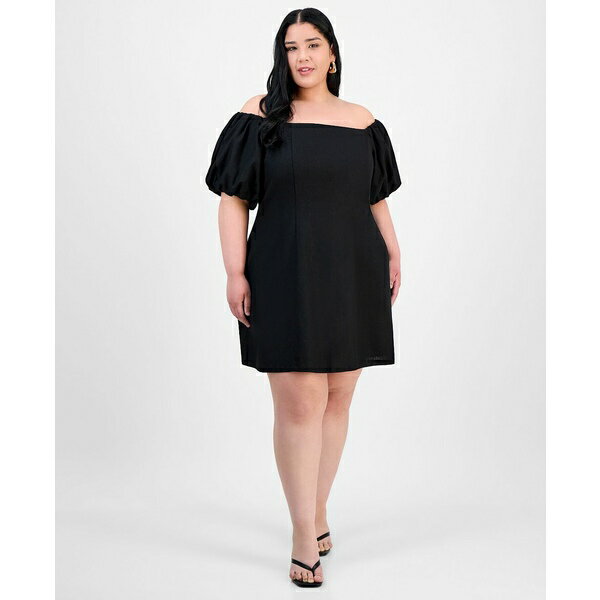 バースリー レディース ワンピース トップス Trendy Plus Size Bubble-Sleeve Off-The-Shoulder Dress, Exclusively at Macy's Deep Black